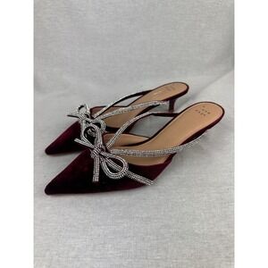 A New Day Burgundy Velvet Rhinestone Bow Kitten Heel Mules Pointed Toe Sz 8.5